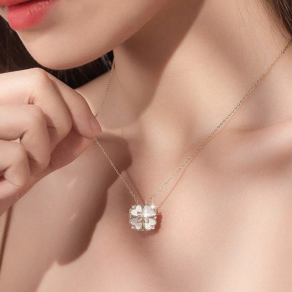 Exquisite High-End Magnetic Heart Four Leaf Clover Golden-Toned Pendant Necklace - Picture 2 of 8